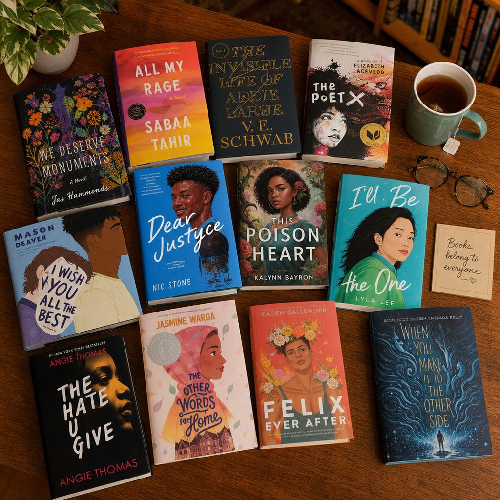 A curated collection of young adult novels spread across a warm library table — books by authors of color in contemporary, fantasy, and literary fiction
