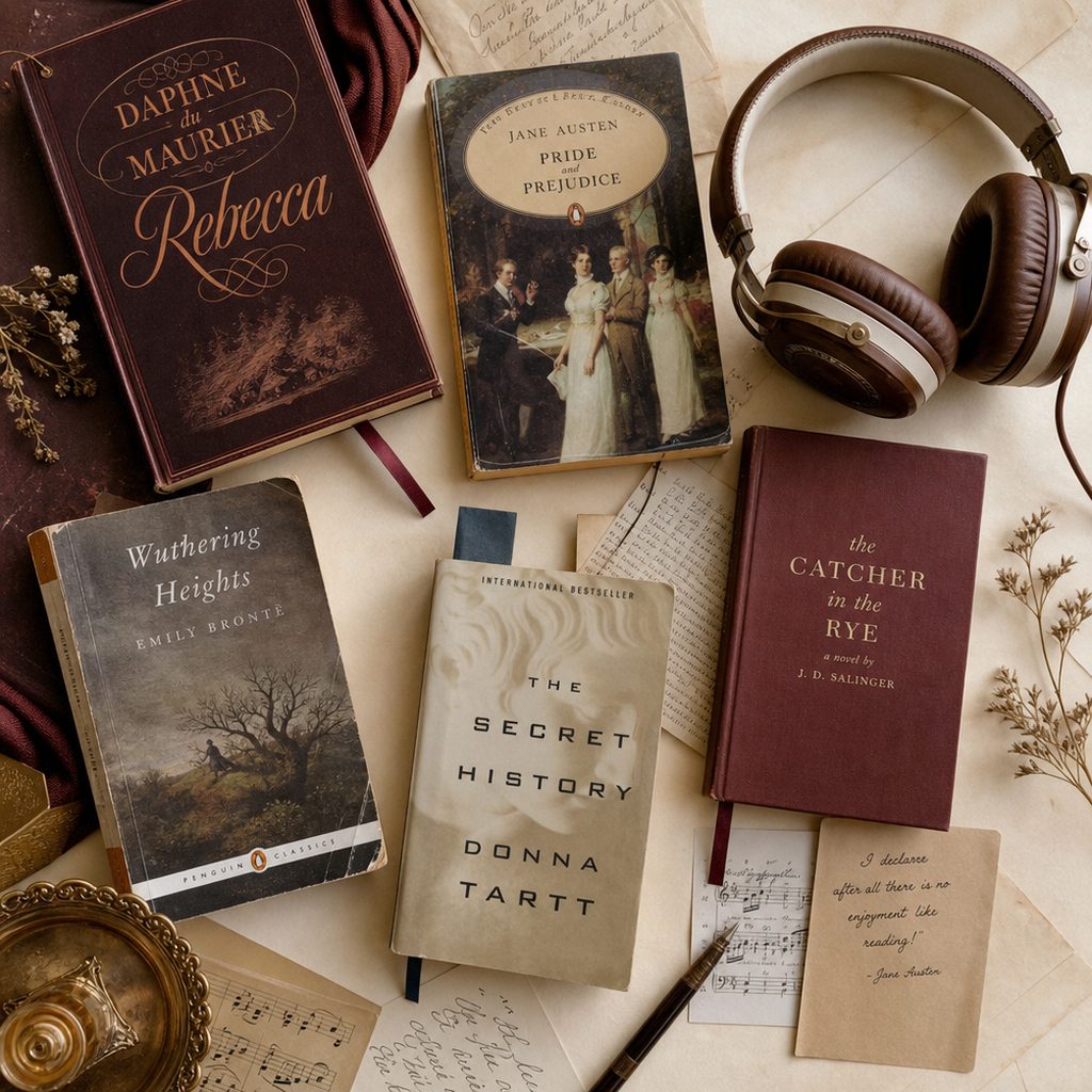 Stack of young adult novels beside a pair of headphones on a warm-toned surface