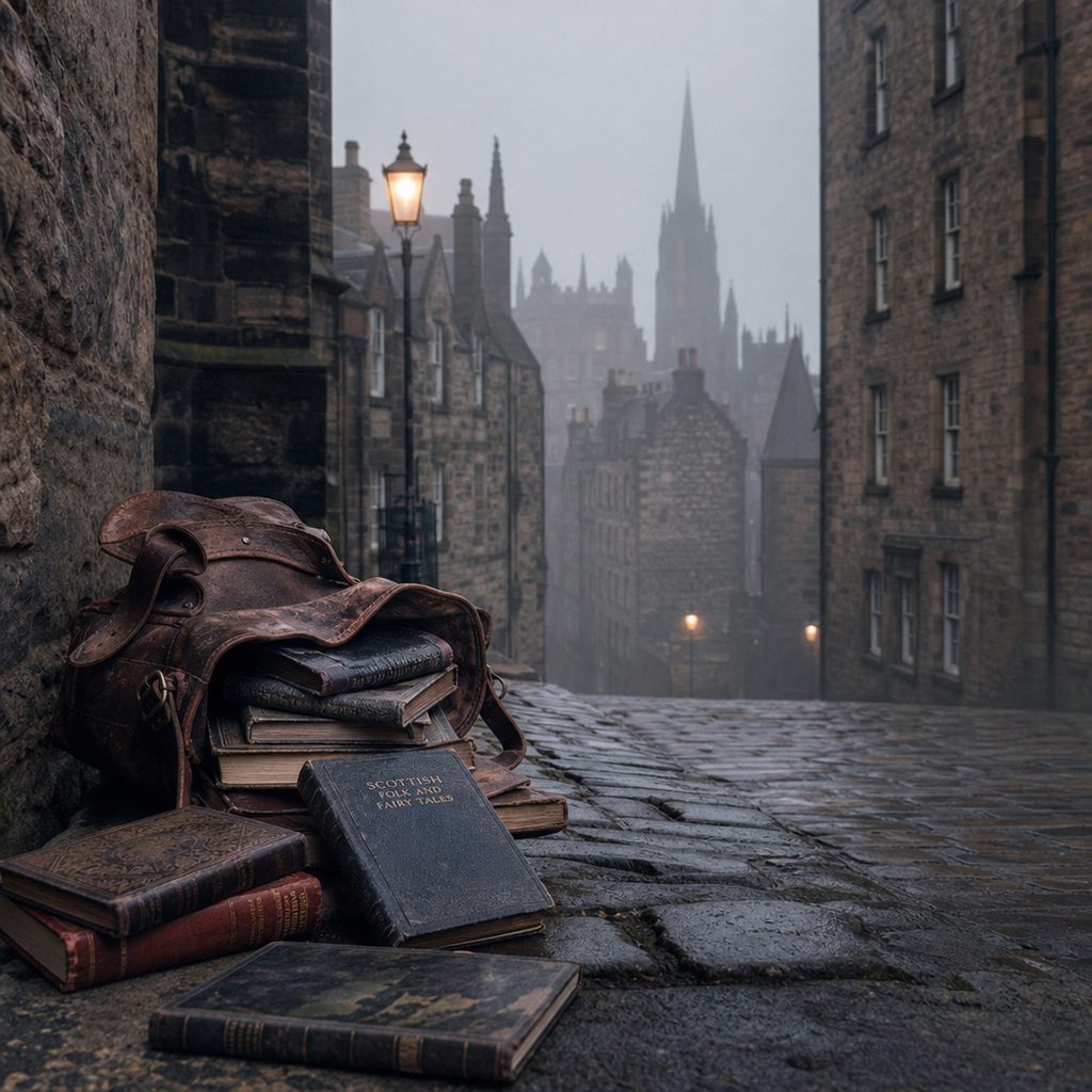 Misty cobblestone alleyway with stacked books in a worn leather satchel, soft grey light, editorial composition