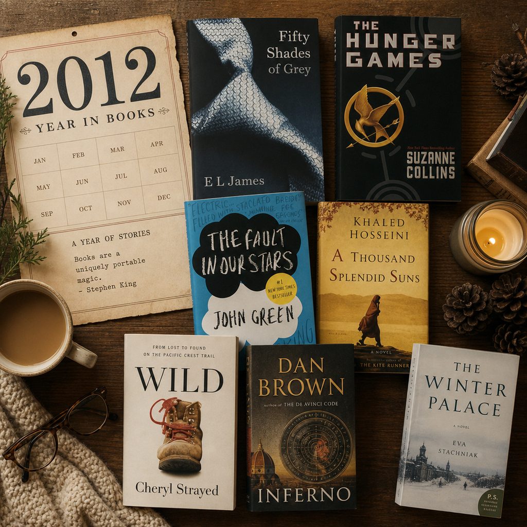 A collection of YA and literary fiction novels from 2012 arranged on a warm wooden surface