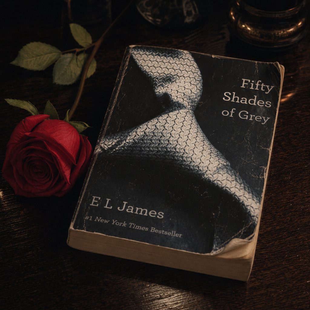 A worn paperback copy of Fifty Shades of Grey on a dark surface — the grey tie cover design against aged cream pages