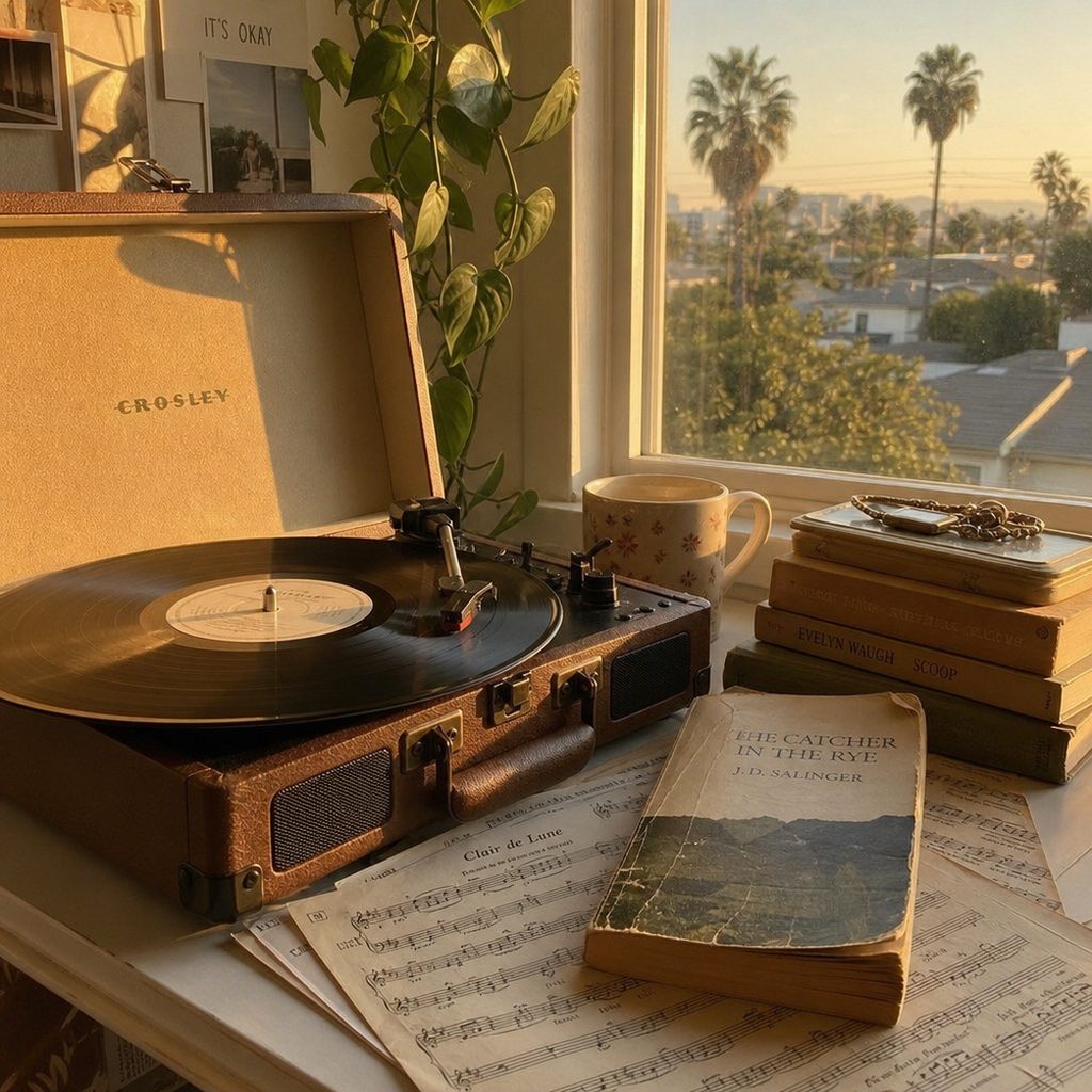 Vinyl records, concert tickets, and a paperback novel on a worn-wood surface — representing the music-obsessed world of Audrey, Wait!