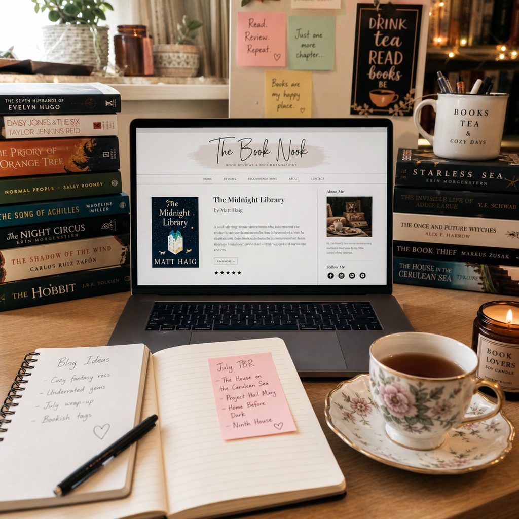 A desk with stacked books, a laptop, and sticky notes — the working environment of a book blogger