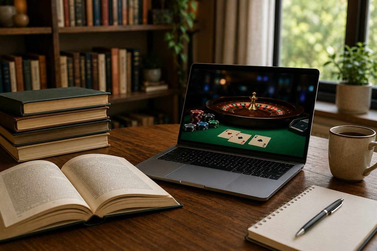 A laptop showing an online casino roulette table beside a stack of hardcover books, an open book and a notebook on a wooden reading desk