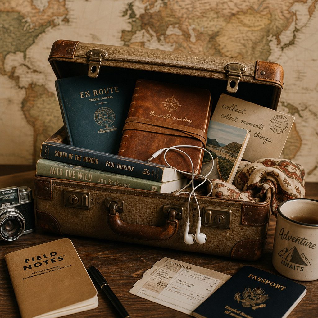 A book open beside a pair of headphones, a passport, and a handwritten map — the essentials of reading for place