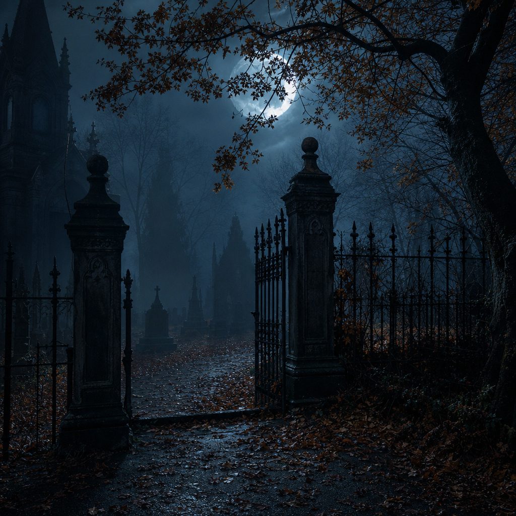 Dark atmospheric image evoking a ghost story — mist, old architecture, and the pale silhouette of a figure