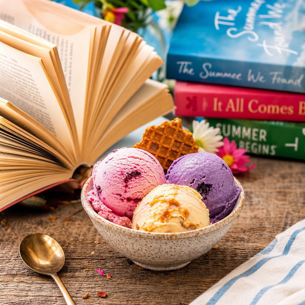 An open book beside a melting ice cream cone on a sun-lit wooden surface