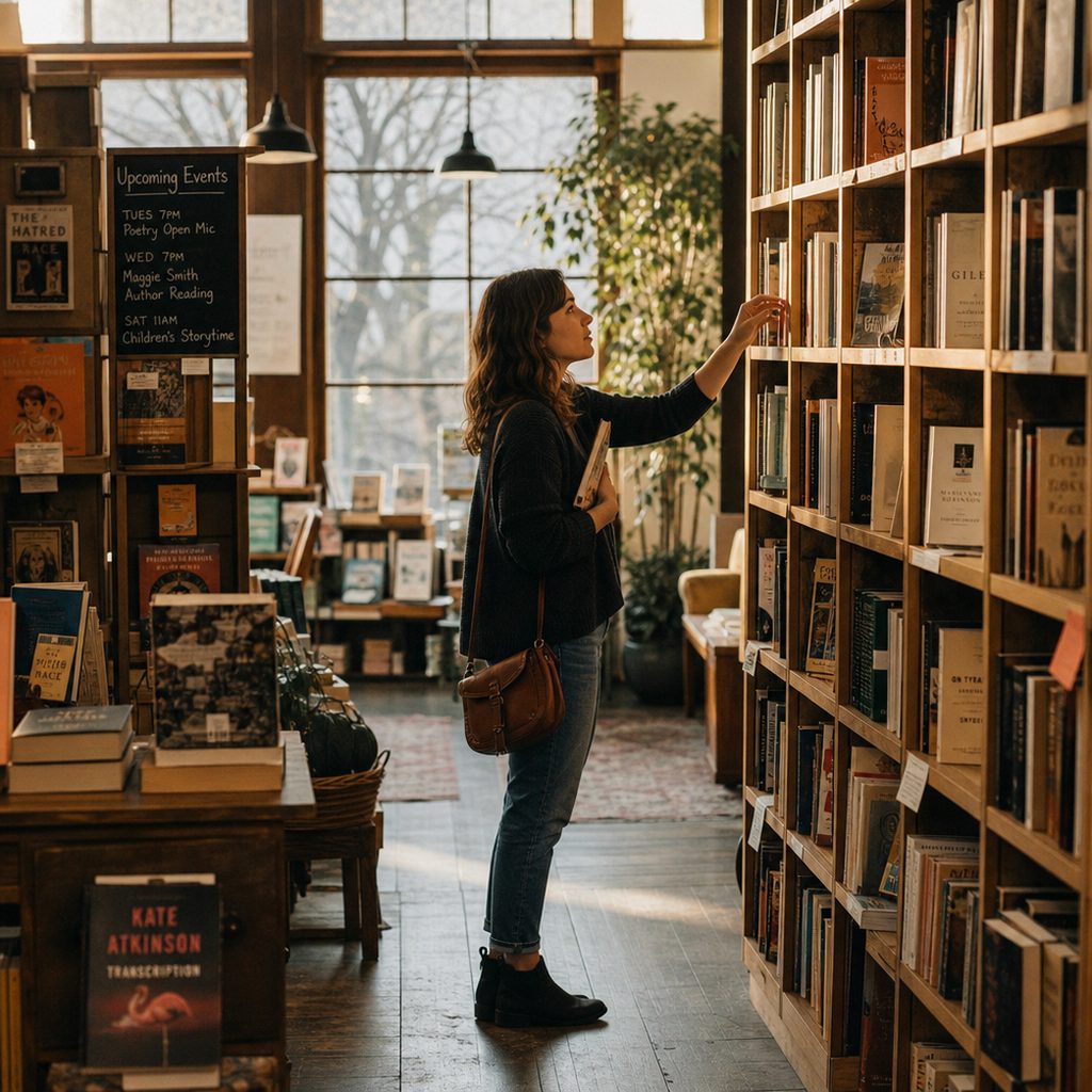 A reader with an open book beside a window overlooking a recognizable European cityscape — reading for place