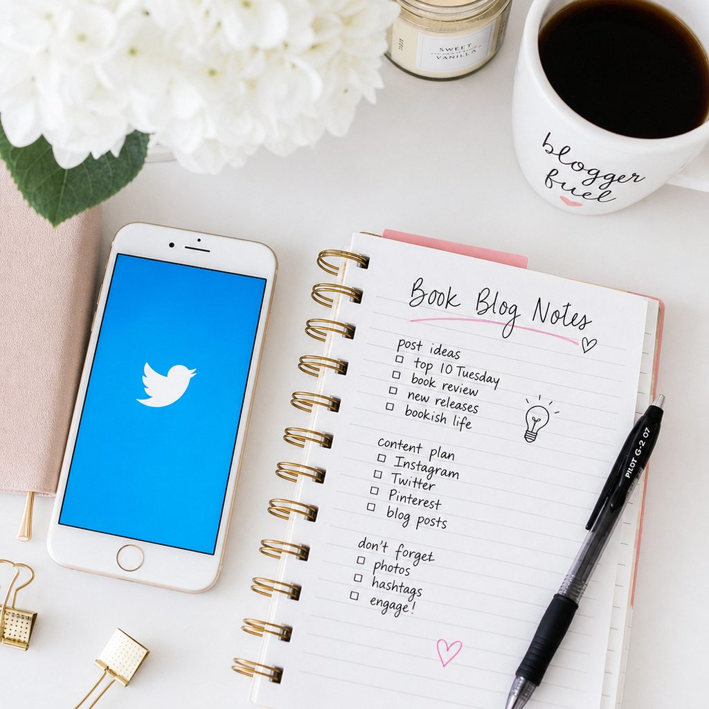A smartphone displaying a social media app beside an open YA novel and a cup of tea on a reading desk